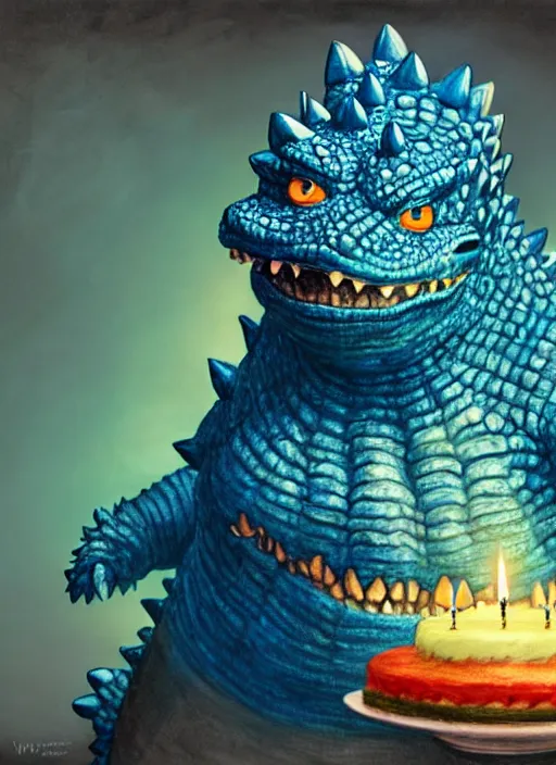 Image similar to portrait of a happy small fat blue godzilla with a birthday cake, wearing a funny rainbow hat, intricate, elegant, candle light, highly detailed, digital painting, artstation, concept art, smooth, sharp focus, illustration, art by wlop, mars ravelo and greg rutkowski