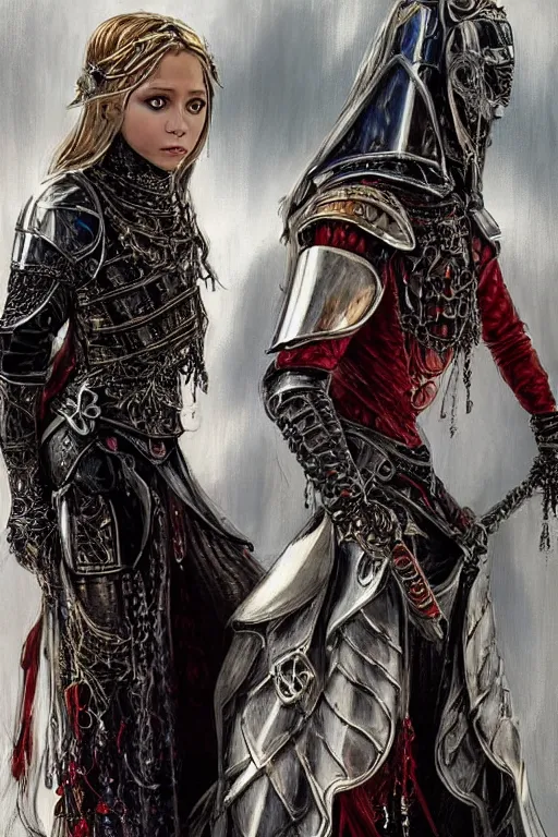 Image similar to Photo of Young Olsen twins as a medieval fantasy knight wearing dark steel scale armor and garments, Photo , red and blue jewerly ornaments, emerald jewelry, high fantasy, gothic, Sparth style, Final Fantasy style, Tsutomu Nihei style, Emil Melmoth style, Craig Mullins style, Shinkawa style, centered image, Photo , golden hour, soft lighting aesthetic, volumetric lighting,