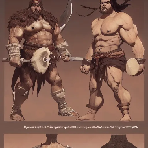 Image similar to character sheet of barbarian warrior, muscular, handsome, chiseled, by greg rutkowski and studio ghibli, digital art, trending on artstation, highly detailed, concept art, beautiful, masterpiece