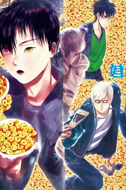 Image similar to manga cover, ryan gosling, cereal boxes background, cereal, emotional lighting, character illustration by tatsuki fujimoto, chainsaw man, fire punch