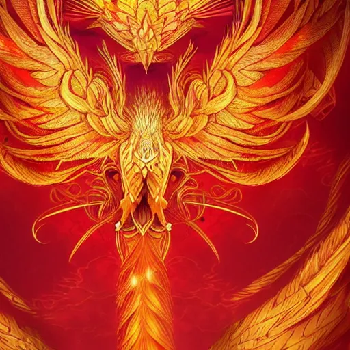 Prompt: red paper + an intricate phoenix depiction + elaborate golden illustration, very detailed, deviantart, 8 k vertical wallpaper, tropical, colorful, airy, anime illustration, anime nature