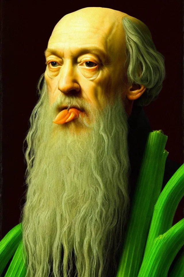 Prompt: bizarre renaissance portrait of dumbledore as a highly detailed celery stick, dramatic cinematic lighting, 8 k, beautiful intricate painting