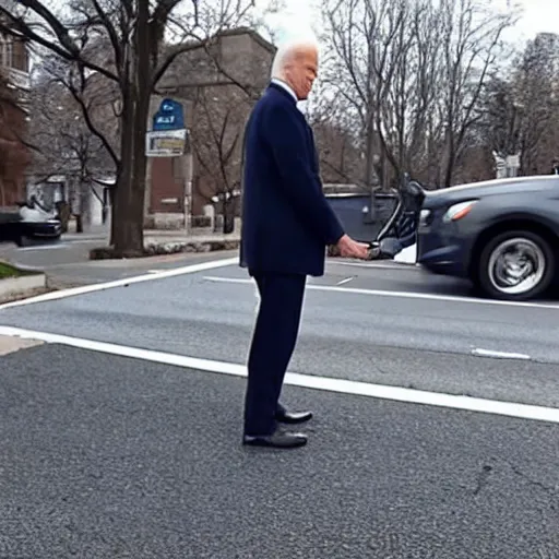 Image similar to dashcam footage of joe biden doing standing in the middle of the street