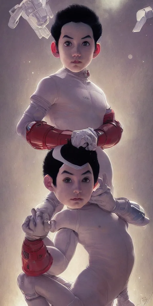 Image similar to astroboy the boy robot with half of his body made of transparent material, intricate, elegant, highly detailed, digital painting, artstation, concept art, smooth, sharp focus, illustration, art by artgerm and greg rutkowski and alphonse mucha and william - adolphe bouguereau