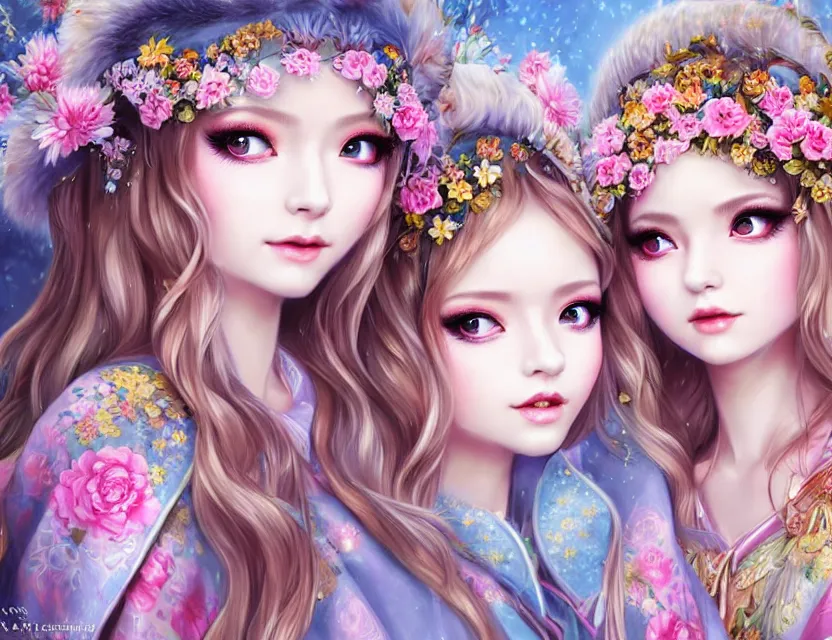 Image similar to two beautiful fashion siberian girls wear fantasy kimono in festival | | big eyes, sunny, dreamlike art, realistic shaded, smile, good looking, hyper details, 4 k realistic, cryengine, realistic shaded lighting poster by artgerm, ross tran, fuji choko, loish, 8 k resolution, trending on artstation, luxury