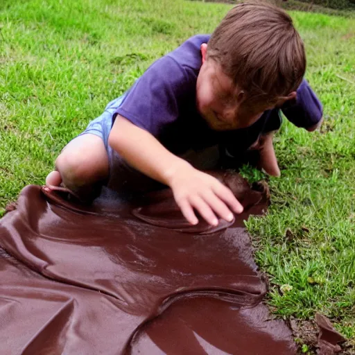 Prompt: kid going down chocolate pudding slip n slide head first, photo taken at the park