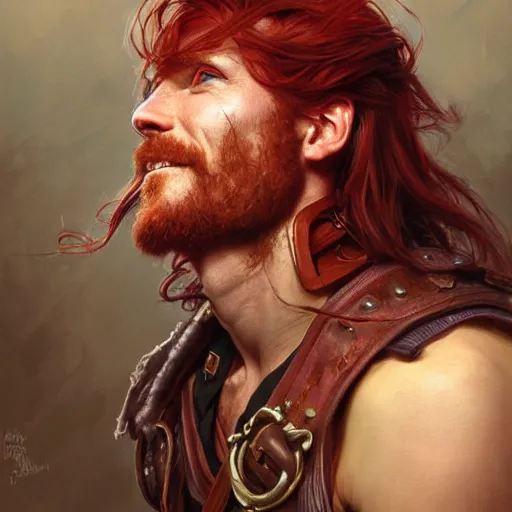 Prompt: portrait of a young ruggedly handsome but joyful pirate, male, masculine, upper body, red crimson hair, long hair, fantasy, roguish smirk, intricate, elegant, highly detailed, digital painting, artstation, concept art, matte, sharp focus, illustration, art by artgerm and greg rutkowski and alphonse mucha