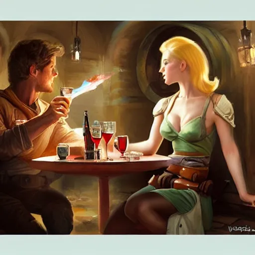 Image similar to Boba Fett and a beautiful young blonde drinking beer in a wine cellar, food, meat, schnapps, torches on the wall, romantic, inviting, cozy, painting by Vladimir Volegov