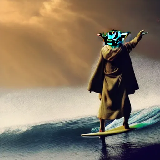 Image similar to stunning awe inspiring yoda surfing, movie still 8 k hdr atmospheric lighting