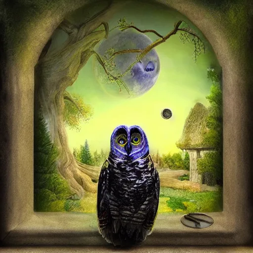 Prompt: A lunar sage with his magical owls looking out into the reflections of all of time 4k photorealism HD surrealism