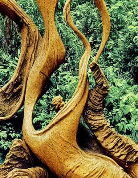 Image similar to vintage color photo of a 1 1 0 million years old abstract liquid gold sculpture covered by the jungle vines