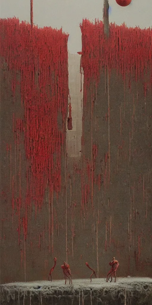 Image similar to surrealist painting of a brutalist building turning into meat, red fungus, web, post apocalyptic, snowy landscape, painted by beksinski