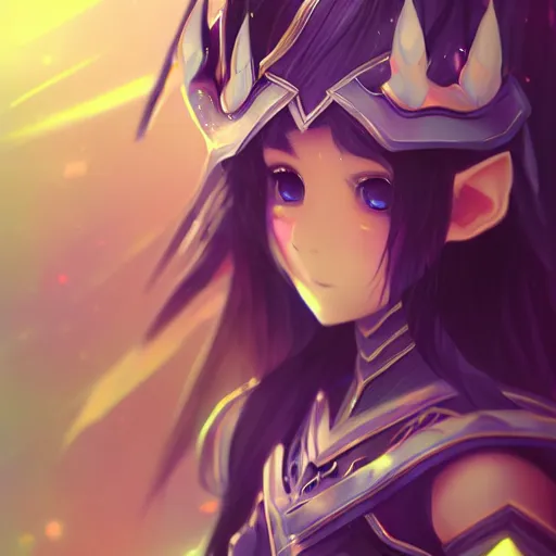 Prompt: adorable young cute anime elf girl, long black hair, detailed fantasy armor, smooth face. beautiful spark eyes. beautiful lineart. concept art adoptable, chromatic aberration, noise, soft lighting, srgb, 4 k, cinematic