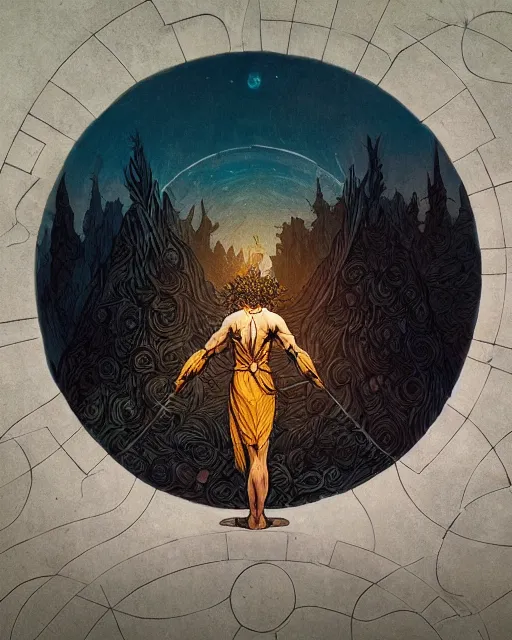 Image similar to a druid standing in a circle at the beginning of the world by dan mumford and greg rutkowski and frank frazetta and peter mohrbacher and william blake