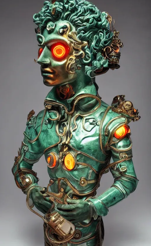 Prompt: a young handsome latino porcelain prince sculpture with a face of a CRT monitor and a large glowing orange crystal in the center of his chest, full-body bronze cyberpunk style statue of Andromeda with glowing green laser eyes, crown of mechanical chrysanthemums, flowing aqua silk, fabric, steampunk flowers. baroque elements, human hands. full-length view. baroque element. intricate artwork by caravaggio. many flying horses on background. Trending on artstation, octane render, cinematic lighting from the right, hyper realism, octane render, 8k, depth of field, 3D