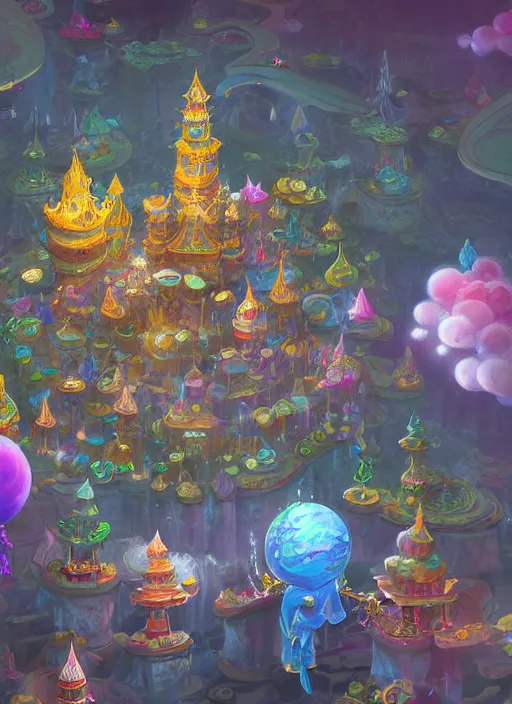 Image similar to foam priest and his bubble kingdom, unique landscape, highly detailed, flying buildings, colorful, palace, bubble trees, cinematic lighting, artstation, intricate, masterpiece, art by maria panfilova and dylan kowalski and huifeng huang