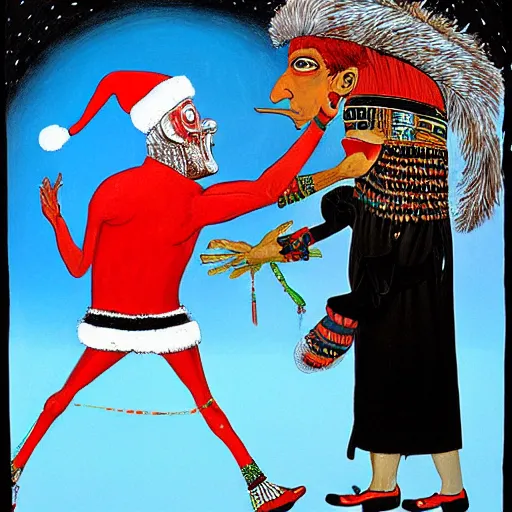 Image similar to a detailed painting of rameses ii slapping santa claus by gerald scarfe and ralph steadman