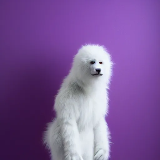 Image similar to a photo of a white fur monster standing in a purple room