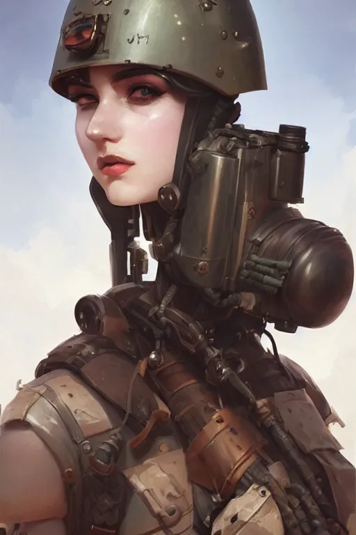 Image similar to dieselpunk soldier girl, helmet, shoulders, chest, portrait, desert, armored, highly detailed, sharp focus, art, illustrations by wlop and ayanamikodon and irakli nadar and loish and rossdraws