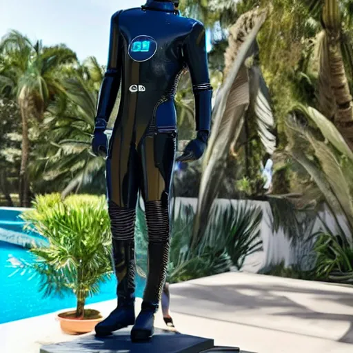 Image similar to a realistic detailed photo of a guy who is an attractive humanoid who is half robot and half humanoid, who is a male android, f 1 driver max verstappen, shiny skin, posing like a statue, blank stare, by the pool, on display