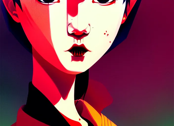 Image similar to editorial illustration by karolis strautniekas and mads berg, colorful, anime portrait vampire princess miyu, katsuhiro otomo, manga, ilya kuvshinov, fine texture, realistic shading, fine details, matte colors, film noir, dramatic lighting, dynamic composition, moody, vivid, volumetric