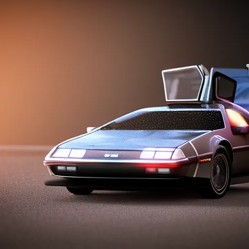 Prompt: hot wheels delorean car, cinema 4 d, octane, render 8 d, cinematic lighting, product shot, commercial photography