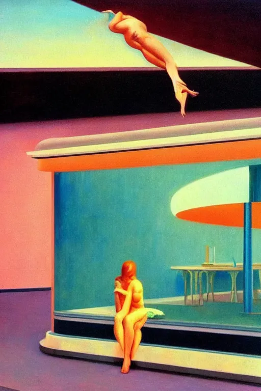 Image similar to liminal vaporwave surrealism dreams, painted by Edward Hopper, painted by salvador dali, painted by moebius, airbrush