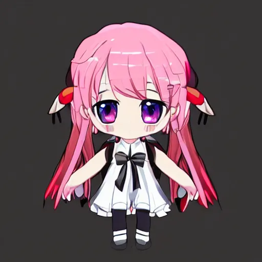 Image similar to vtuber white hair, red eyes, two little horn on the head, chibi