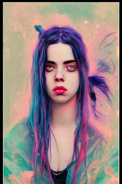 Image similar to billie eilish happy portrait of a vaporwave girl in a cluttered 9 0 s bedroom, by artgerm, tom bagshaw, gerald brom, vaporwave!, vaporwave colors!, lo fi colors, lo fi, 4 k, hd,