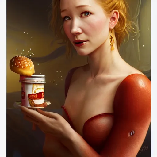 Prompt: portrait of anne heche eating hamburgers, extra onions and ketchup, luscious patty with sesame seeds, feminine ethereal, handsome, d & d, fantasy, intricate, elegant, highly detailed, digital painting, artstation, concept art, matte, sharp focus, illustration, art by artgerm and greg rutkowski and alphonse mucha