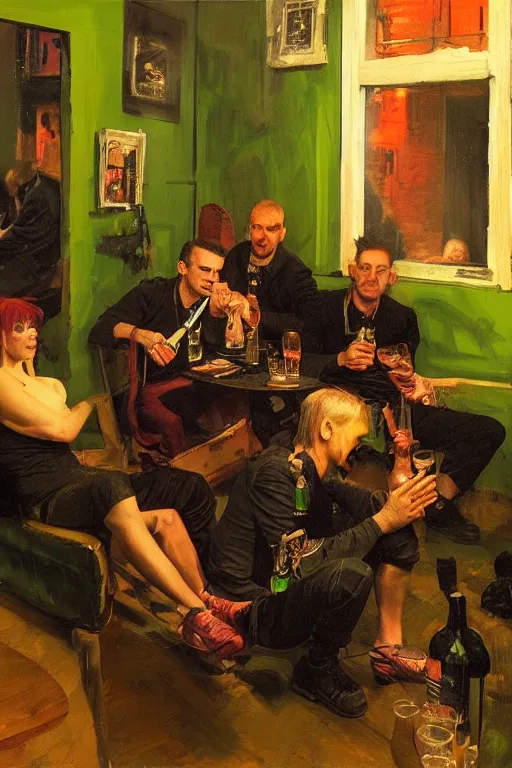 Image similar to punk rockers drinking brutal and raw wine, inside a tiny green room with red lights by joaquin sorolla, greg rutkowski, bill sienckiwicz, extremely detailed