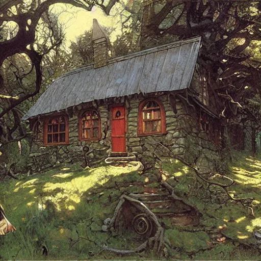 Image similar to witch cottage in the forest, art by norman rockwell and donato giancola and greg rutkowski