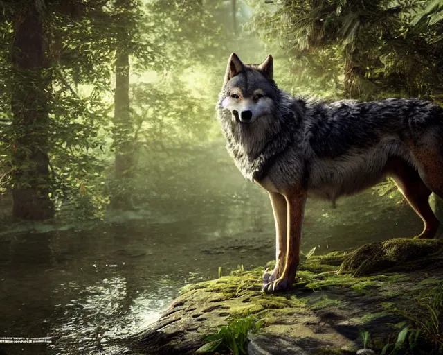 Image similar to a wolf standing on a riverbank in a forest, natural lighting, ultra realistic, concept art, intricate details, highly detailed, photorealistic, octane render, 8 k, unreal engine