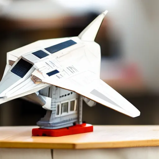 Prompt: plastic model starship sitting on a wooden table