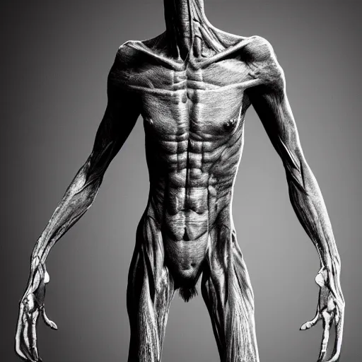 Prompt: standing photorealistic detailed tall skinny humanoid creature, extremly detailed, black and white, 8 k, realistic, sharp focus, cosmic horror creature, cosmic horror