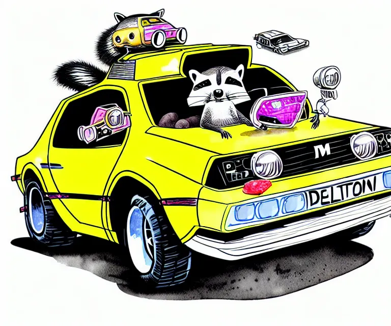 Prompt: cute and funny, racoon wearing a helmet riding in a tiny hot rod delorean, ratfink style by ed roth, centered award winning watercolor pen illustration, isometric illustration by chihiro iwasaki, edited by range murata