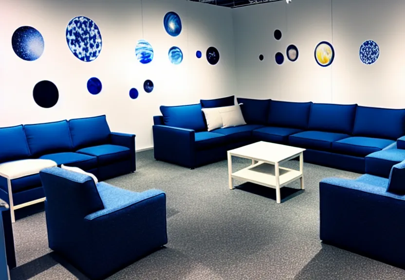 Prompt: a photograph of an ikea showroom, with couches that are designed starry night visuals