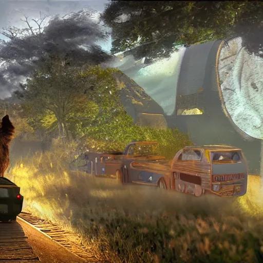 Image similar to bizarre scene of a time-traveling cat bus stopping to pick up a hitchhiker along the trans-dimensional railway. ultra-wide shot, detailed, trending on artstation, light effect, 8k, unreal engine 5, epic, masterpiece, highly detailed