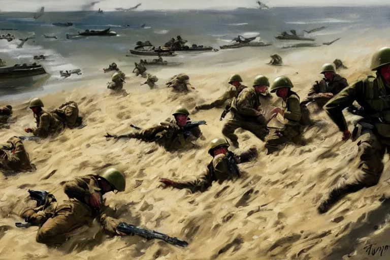 Prompt: Intense vibrant film still of tortilla chips charging across a beach, WW2 Normandy Foy Arnhem 1944, oil painting by John Singer Sargent, Adrian Smith, Greg Rutkowski, Trending on Artstation