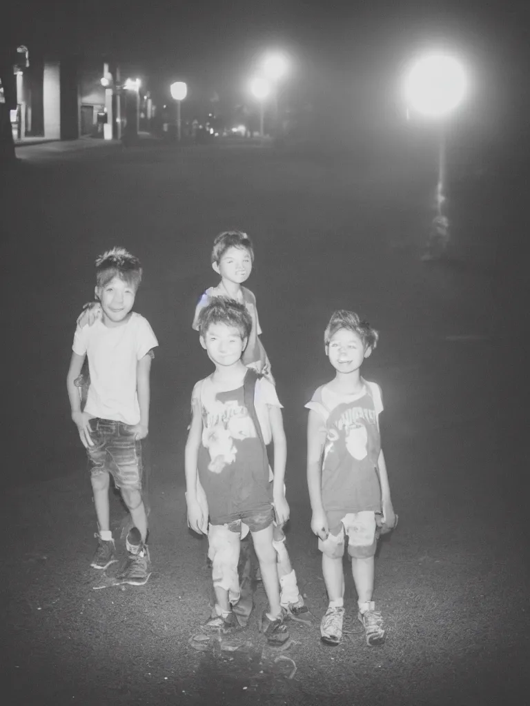 Image similar to two kids posing for a picture at night, backlit, small town, town square, lomography