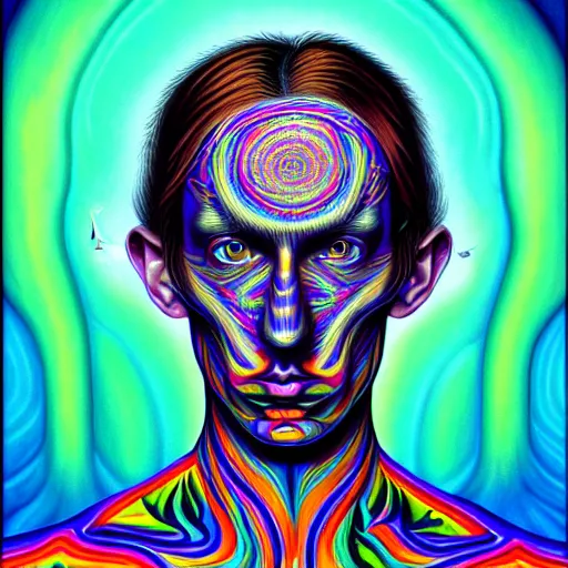 Image similar to An extremely psychedelic portrait of Alex Gray, surreal, LSD, face, detailed, intricate, elegant, lithe, highly detailed, digital painting, artstation, concept art, smooth, sharp focus, illustration