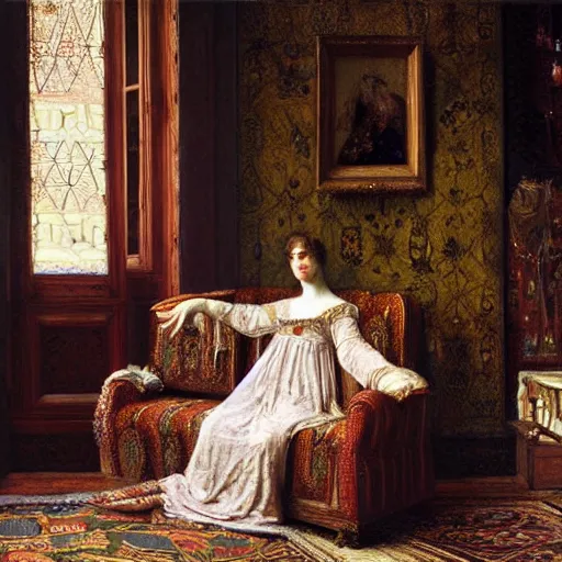 Prompt: a renaissance oil painting by Alma Tadema of a ghost woman inside an intricately decorated living room, pastel color scheme, digital painting, high detail