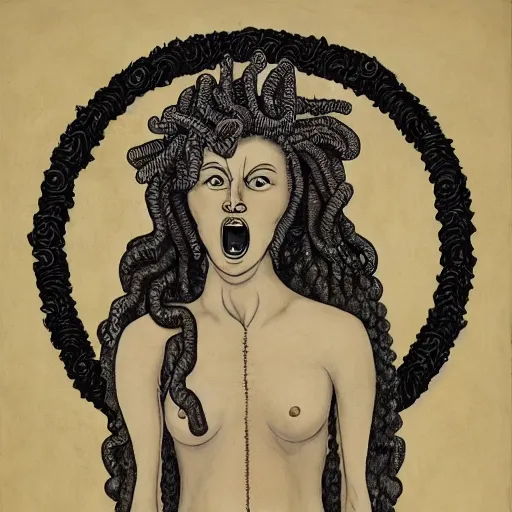 Prompt: detailed, portrait of medusa, screaming, surrounded by lotus flowers and geometry