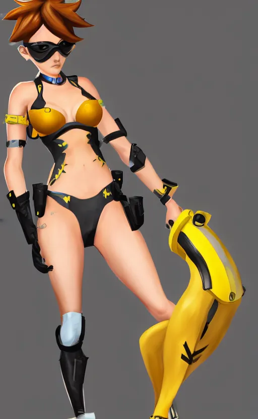 Image similar to tracer game character, in yellow bikini, blonde hair, black eyes, full height