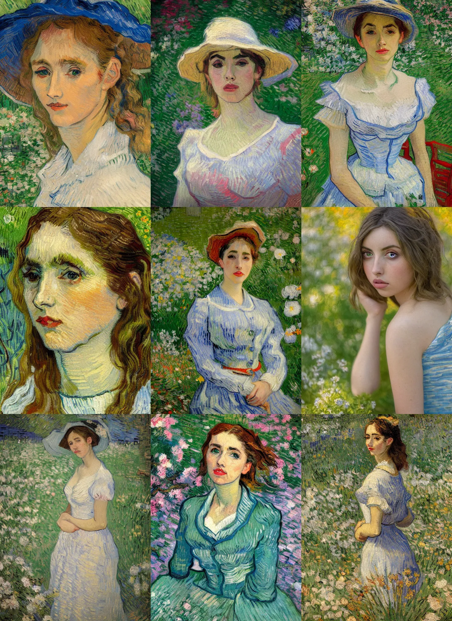 Prompt: an impressionist portrait painting of anna de armas by van gogh, garden background, shallow depth of field, canon 5 0 mm tilt - shift lens f 1. 2