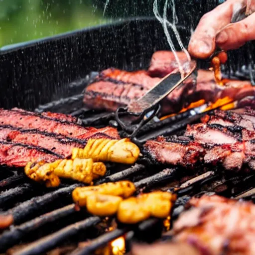 Prompt: bbq under heavy rain