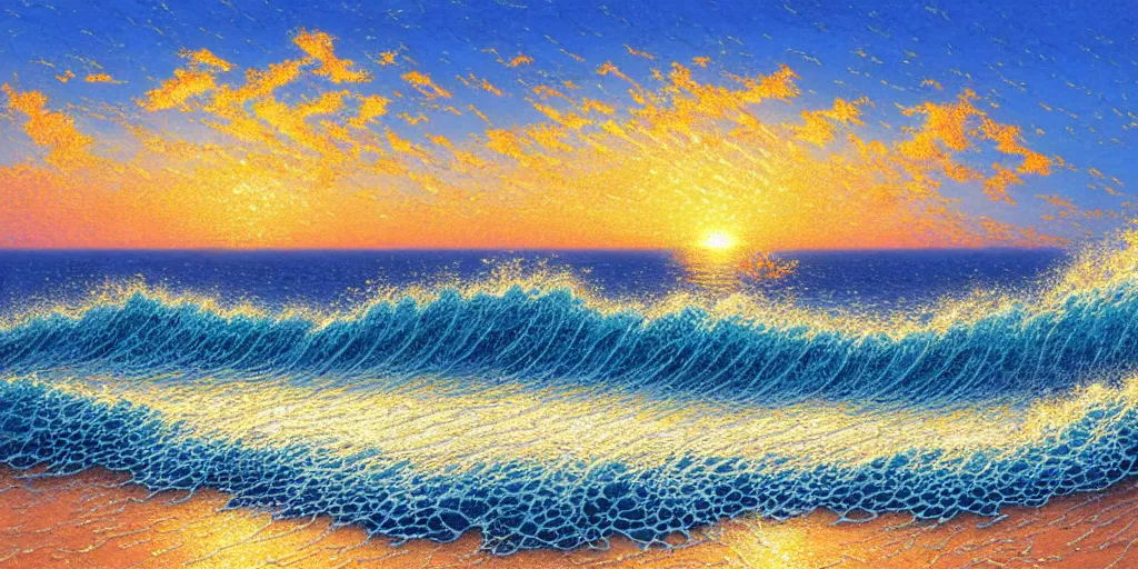 Prompt: Beautiful Beach, sunset, clouds and waves, An aesthetically pleasing, dynamic, energetic, lively, complex, intricate, detailed, well-designed digital art of a beach, ripples, waves, sea foam, light and shadow, overlaid with aizome patterns, Shin-hanga by Thomas Kinkade and Bob Ross, traditional Japanese colors, superior quality, masterpiece, featured, trending, award winning, HDR, HD, UHD, 4K, 8K, anamorphic widescreen
