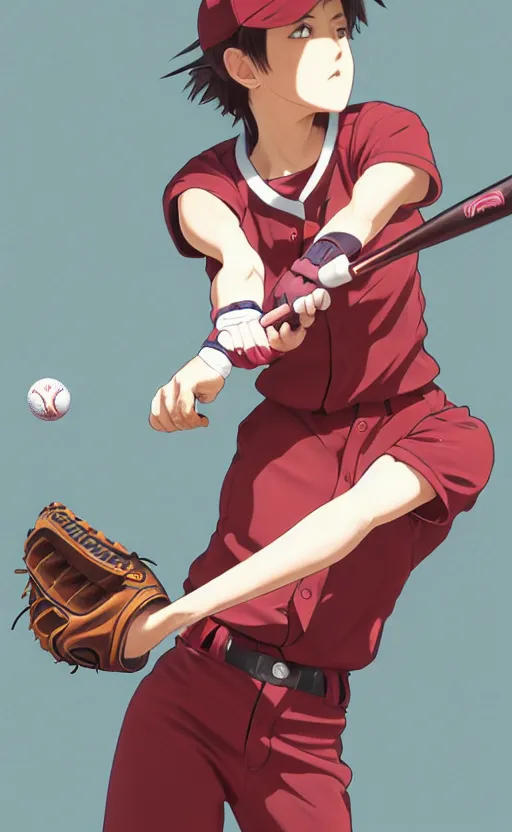 Image similar to anime style, female baseball player, red sport clothing, realistic anatomy, launching straight ball, brown short hair, hair down, symmetrical facial features, from arknights, hyper realistic, rule of thirds, extreme detail, 4 k drawing, safebooru, realistic lighting, by alphonse mucha, greg rutkowski, sharp focus, backlit