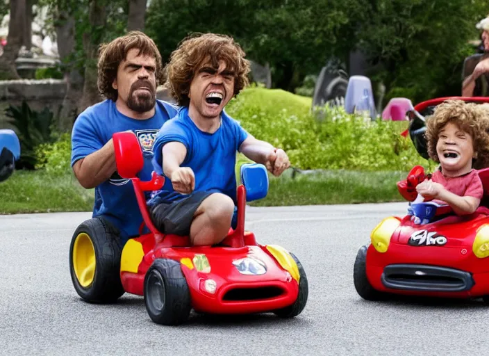 Image similar to peter dinklage racing gary coleman driving a little tikes cars, movie still, from the new fast and furious movie, 8 k, realistic