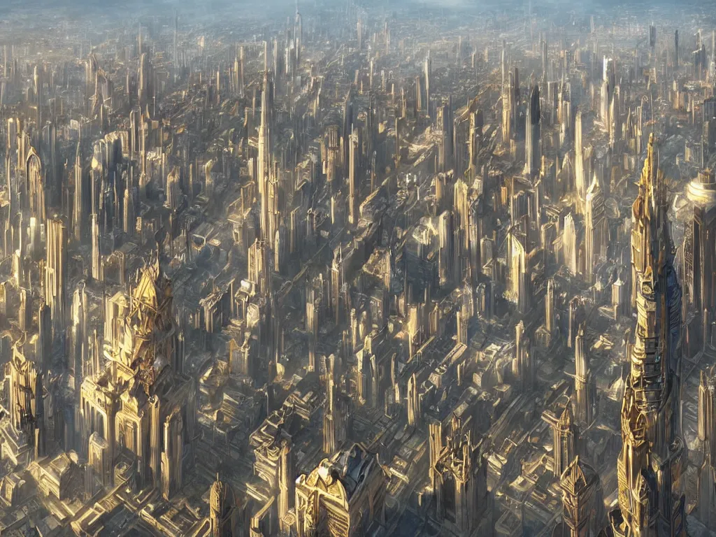 Image similar to big empty city with six extremely tall spiking towers, by artgerm and greg rutkowski and alphonse mucha, global illumination, hyperrealistic, volumetric lighting, epic cinematic shot, perfectly defined features, ambient occlusion